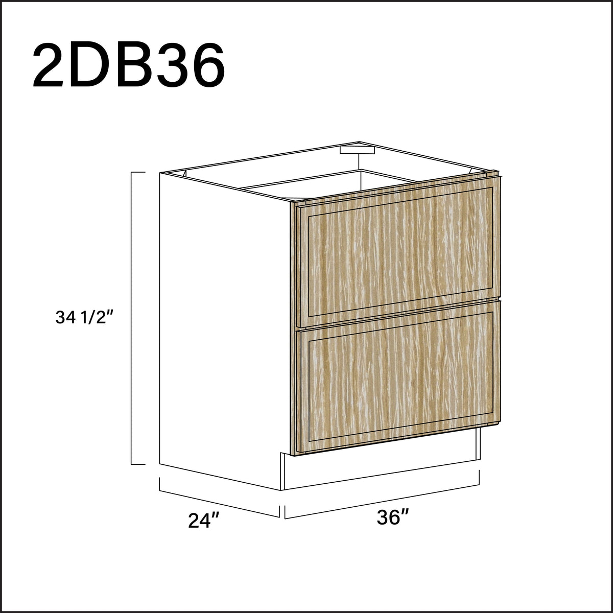 Oak Slim Shaker 2 Drawer Kitchen Base Cabinet - 36" W x 34.5" H x 24" D