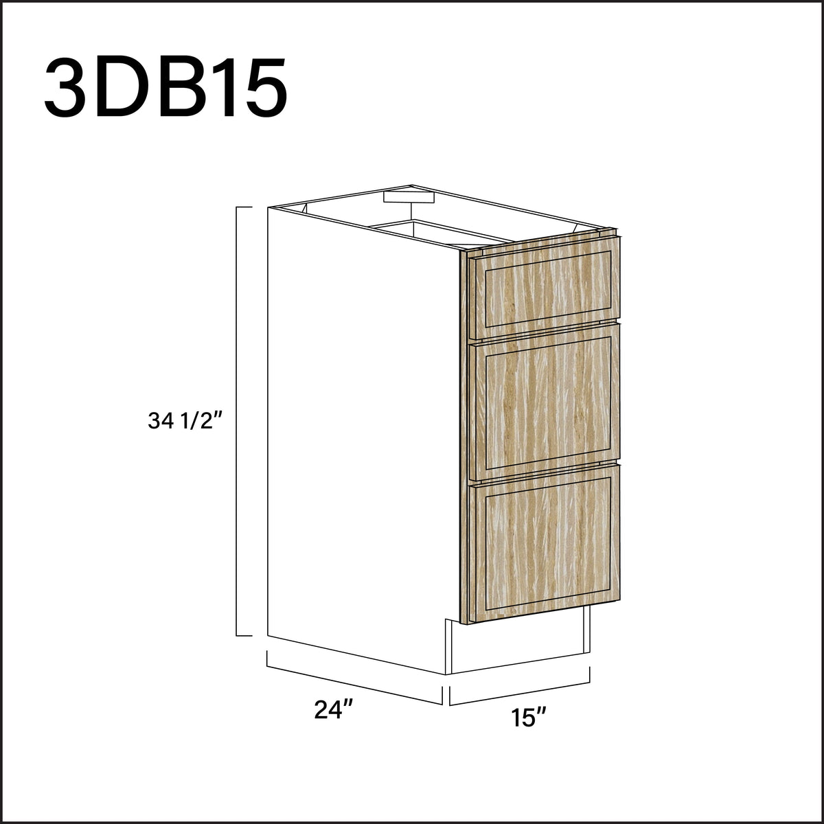 Oak Slim Shaker 3 Drawer Kitchen Base Cabinet - 15" W x 34.5" H x 24" D