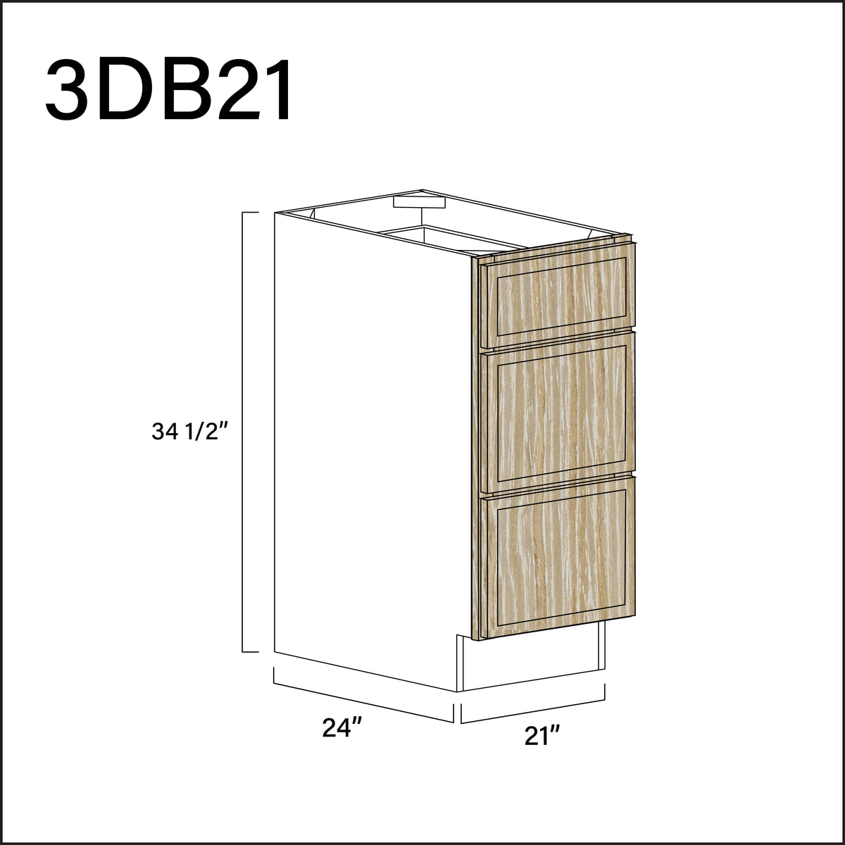 Oak Slim Shaker 3 Drawer Kitchen Base Cabinet - 21" W x 34.5" H x 24" D