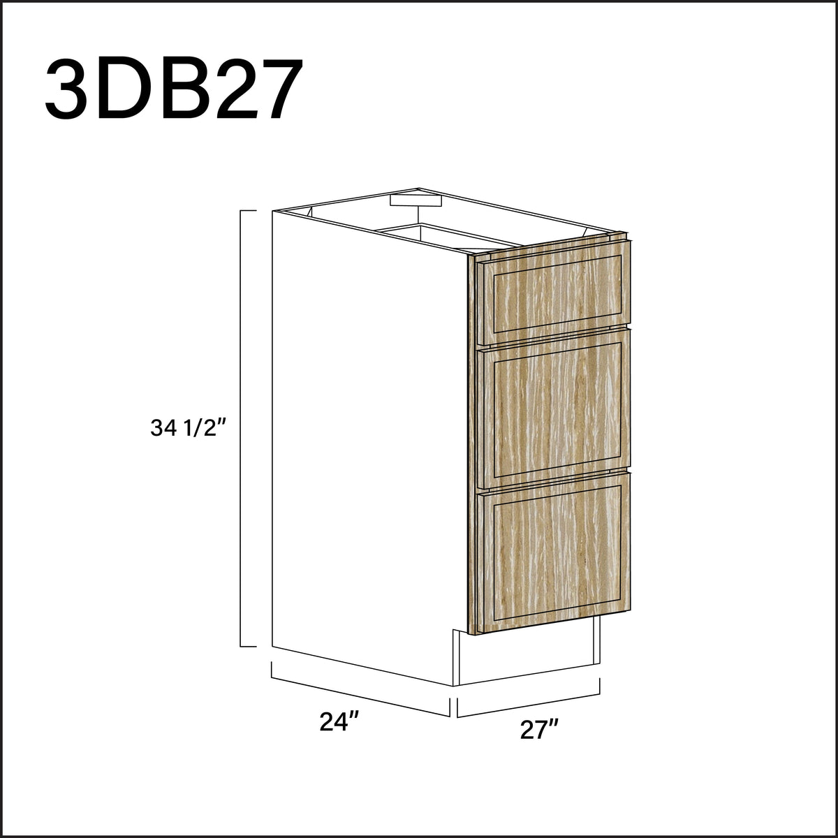 Oak Slim Shaker 3 Drawer Kitchen Base Cabinet - 27" W x 34.5" H x 24" D