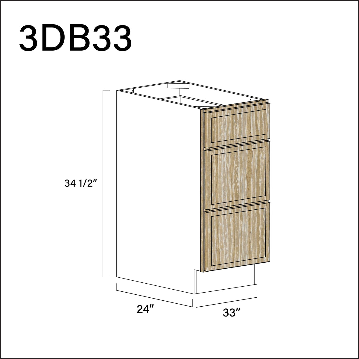 Oak Slim Shaker 3 Drawer Kitchen Base Cabinet - 33" W x 34.5" H x 24" D