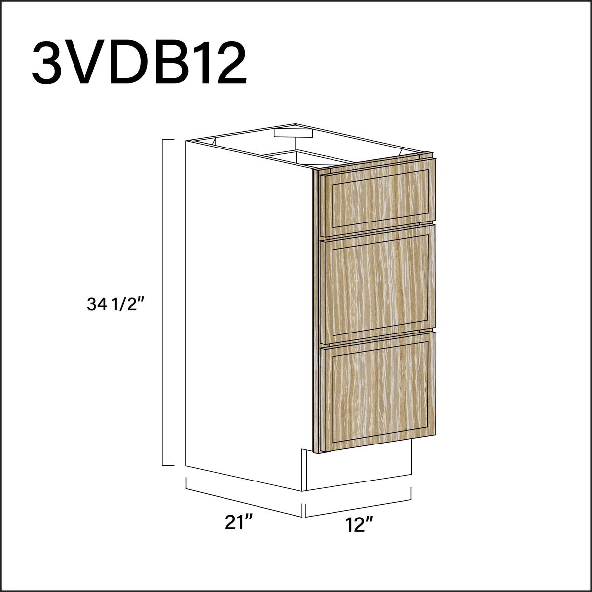 Oak Slim Shaker Vanity 3-Drawer Storage Cabinet - 12" W x 34.5" H x 21" D
