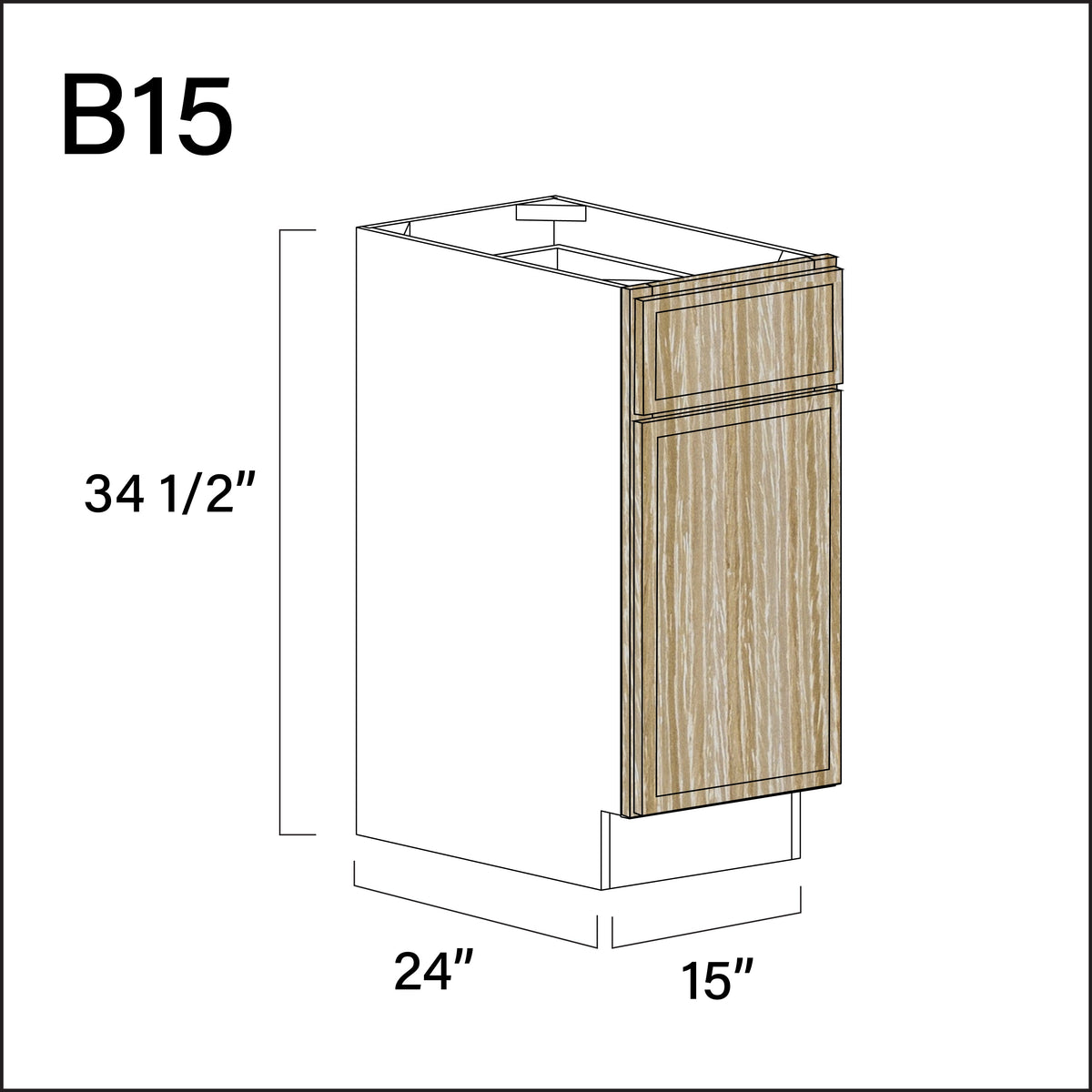 Oak Slim Shaker 1 Drawer 1 Door Kitchen Base Cabinet - 15" W x 34.5" H x 24" D