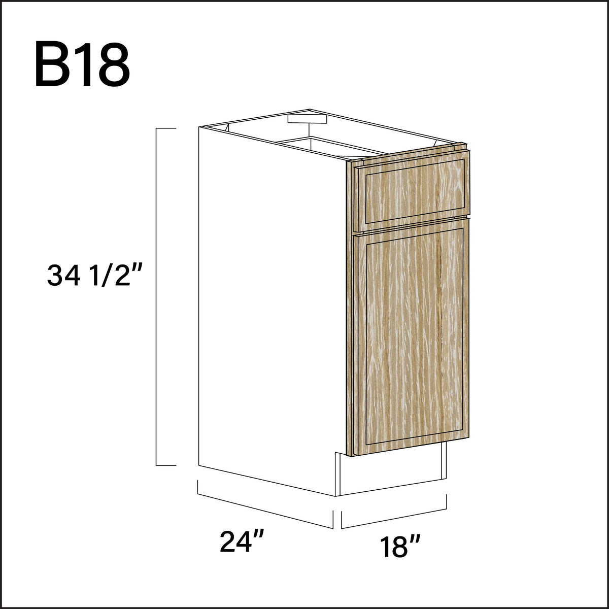 Oak Slim Shaker 1 Drawer 1 Door Kitchen Base Cabinet - 18" W x 34.5" H x 24" D
