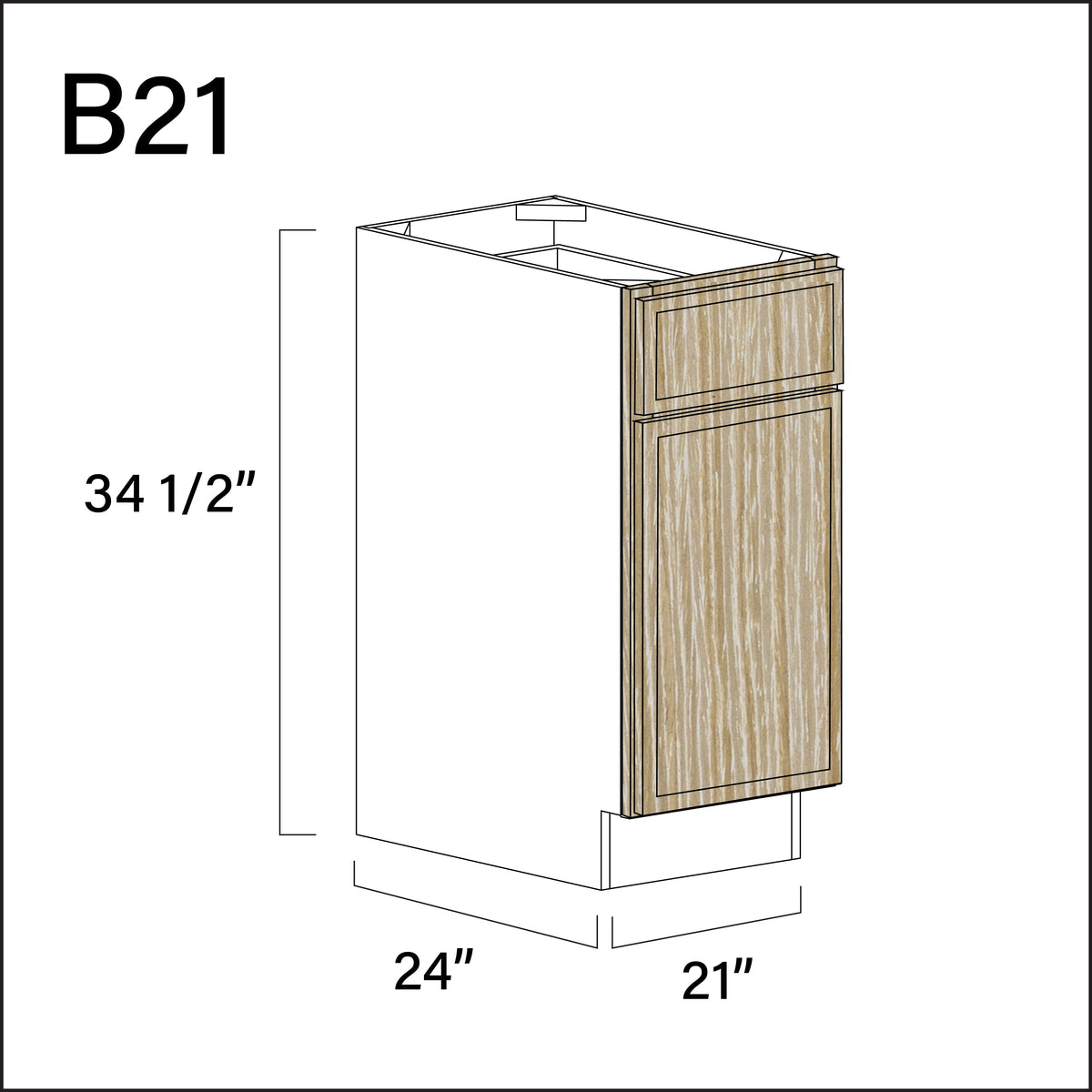 Oak Slim Shaker 1 Drawer 1 Door Kitchen Base Cabinet - 21" W x 34.5" H x 24" D