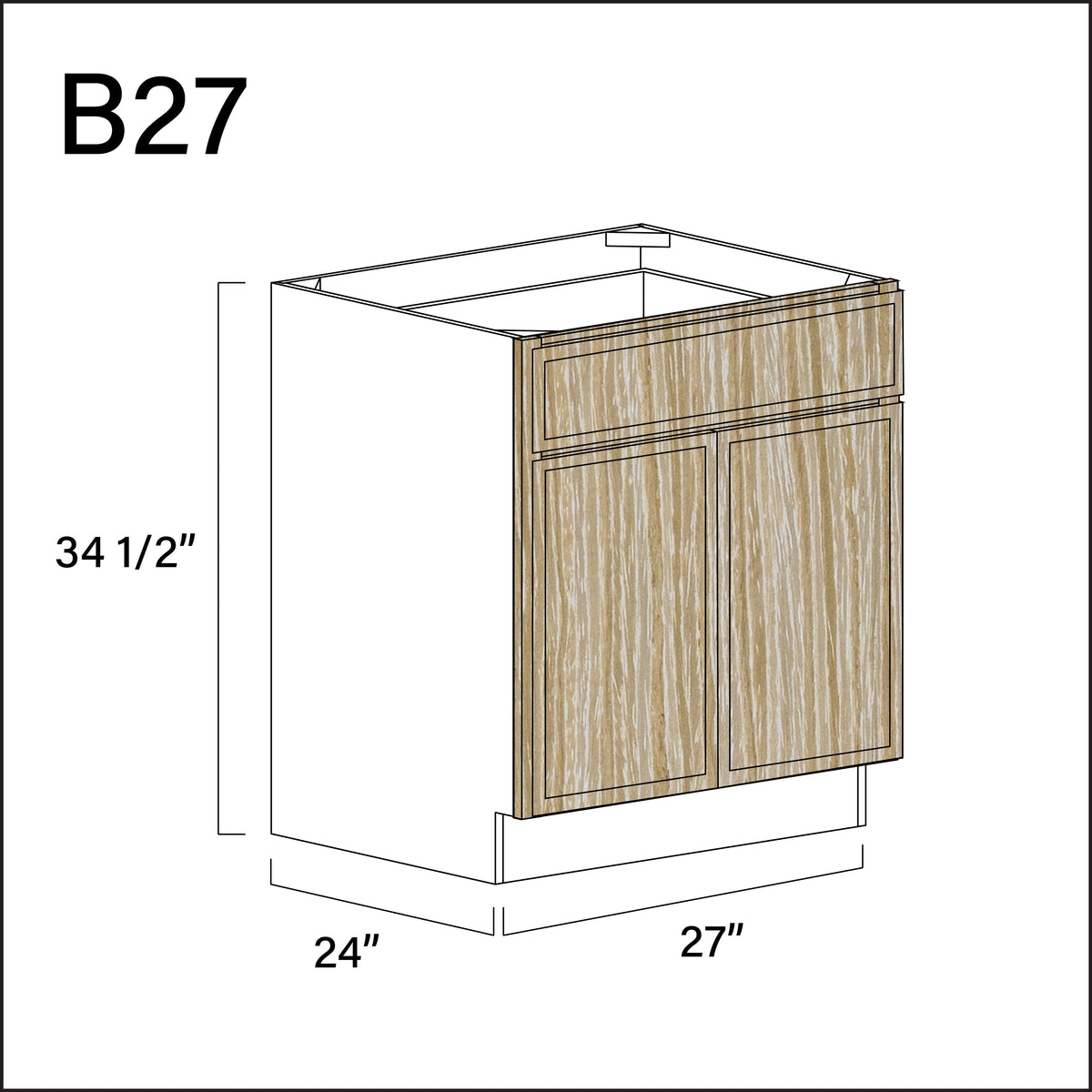 Oak Slim Shaker 1 Drawer 2 Door Kitchen Base Cabinet - 27" W x 34.5" H x 24" D