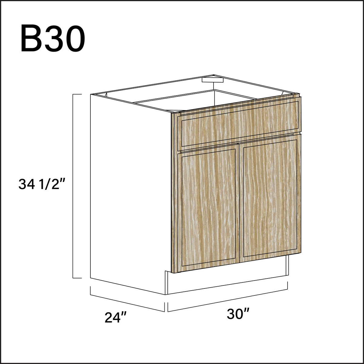 Oak Slim Shaker 1 Drawer 2 Door Kitchen Base Cabinet - 30" W x 34.5" H x 24" D