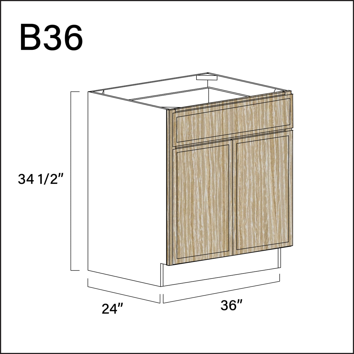 Oak Slim Shaker 1 Drawer 2 Door Kitchen Base Cabinet - 36" W x 34.5" H x 24" D