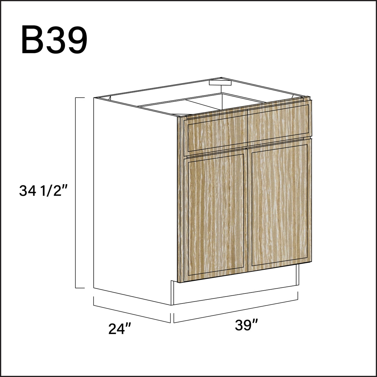 Oak Slim Shaker 2 Drawer 2 Door Kitchen Base Cabinet - 39" W x 34.5" H x 24" D