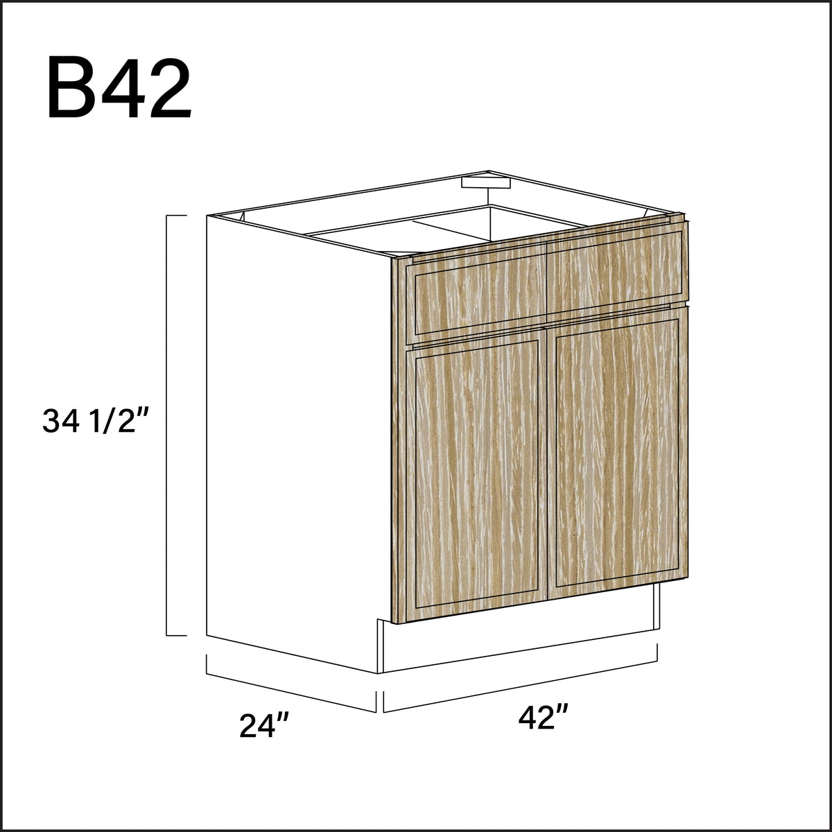 Oak Slim Shaker 2 Drawer 2 Door Kitchen Base Cabinet - 42" W x 34.5" H x 24" D