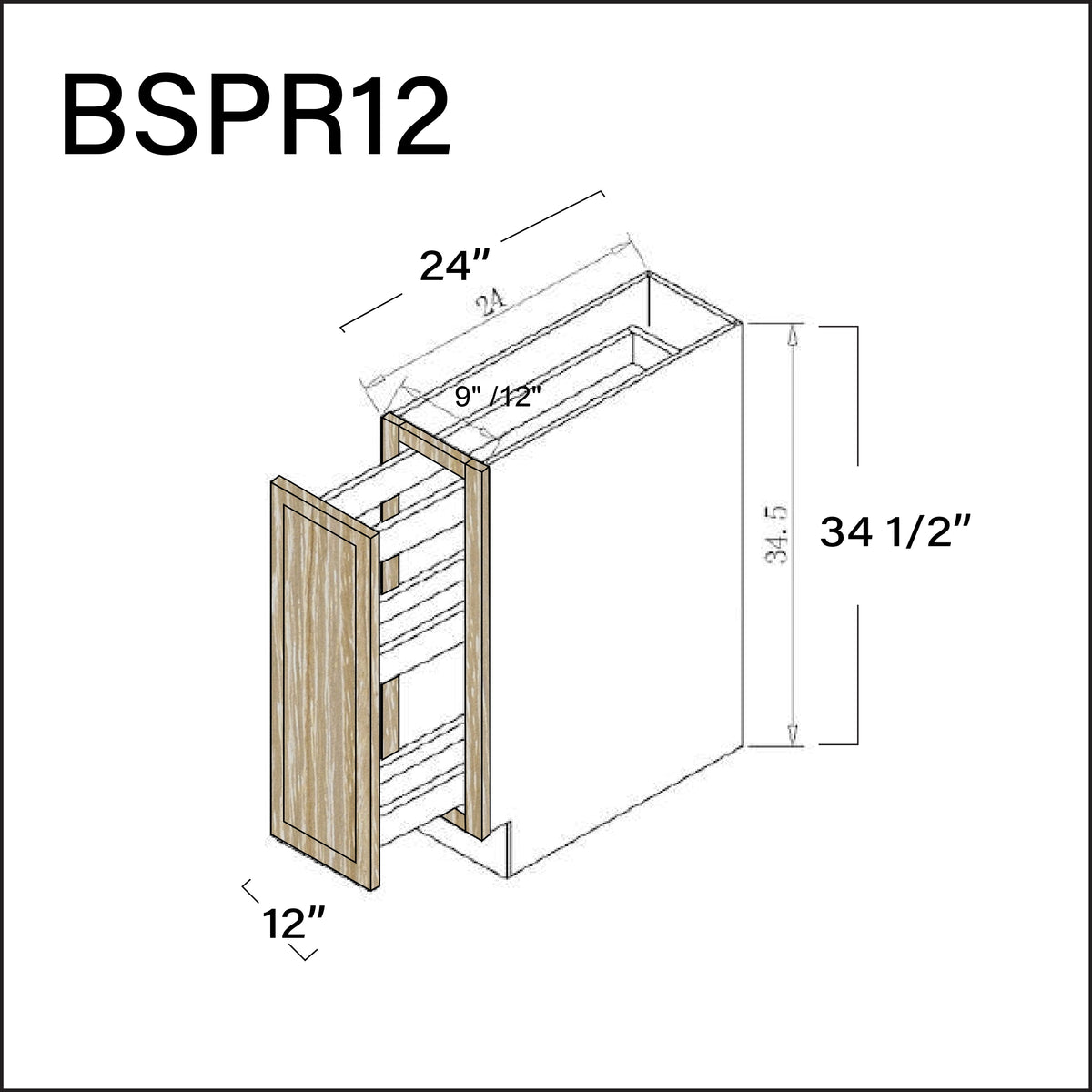 Oak Slim Shaker Base Spice Rack Cabinet - 12" W x 34.5" H x 24" D