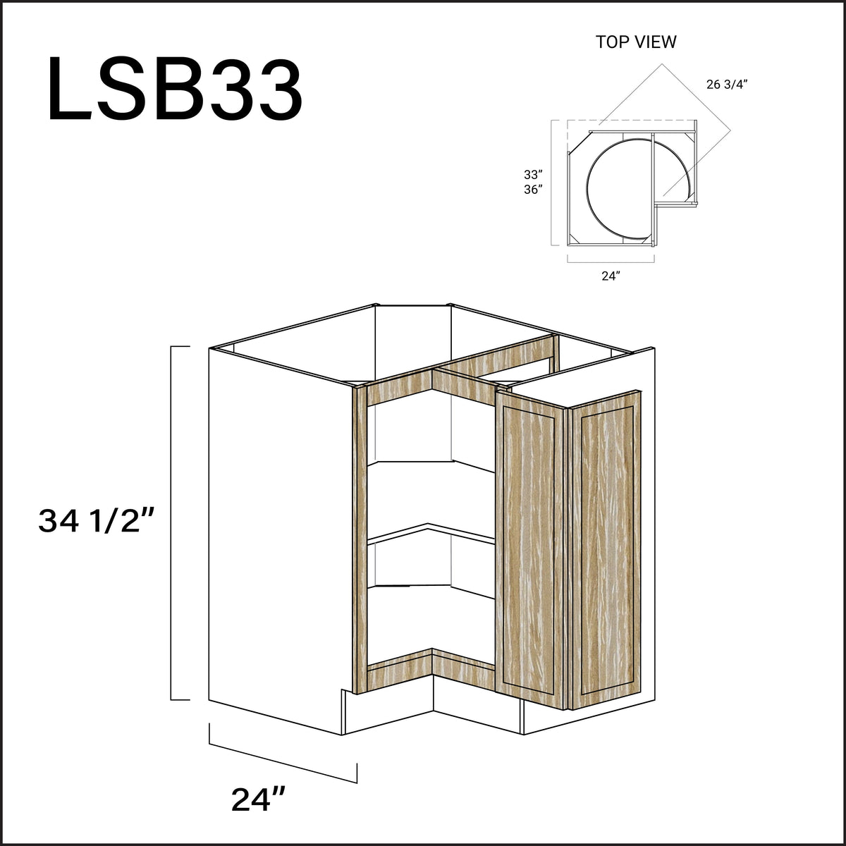 Oak Slim Shaker Lazy Susan Kitchen Cabinet - 33" W x 34.5" H x 24" D