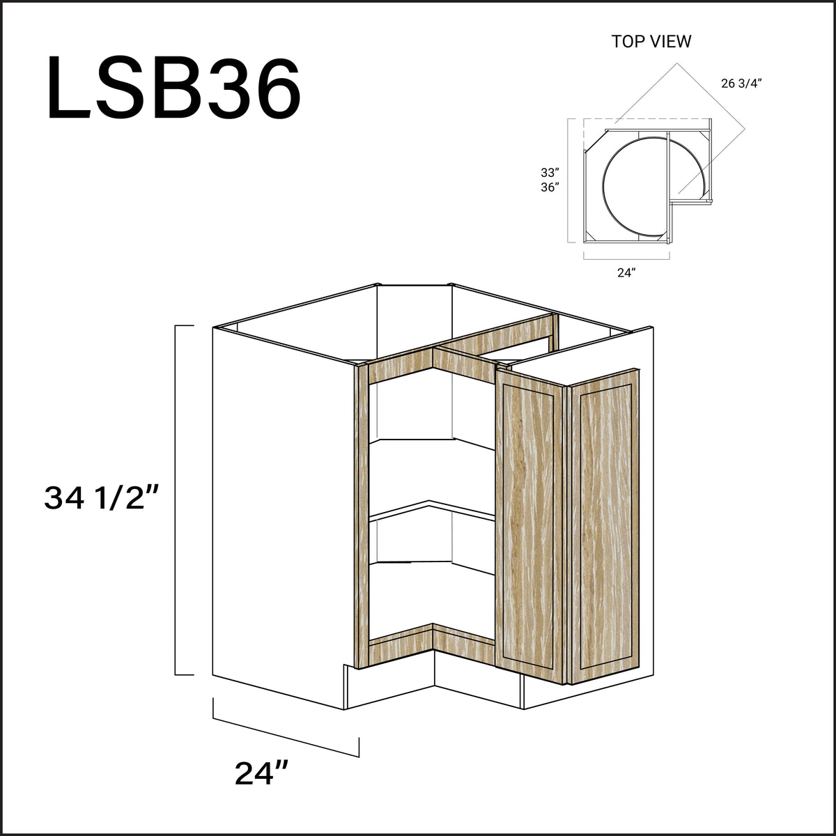 Oak Slim Shaker Lazy Susan Kitchen Cabinet - 36" W x 34.5" H x 24" D
