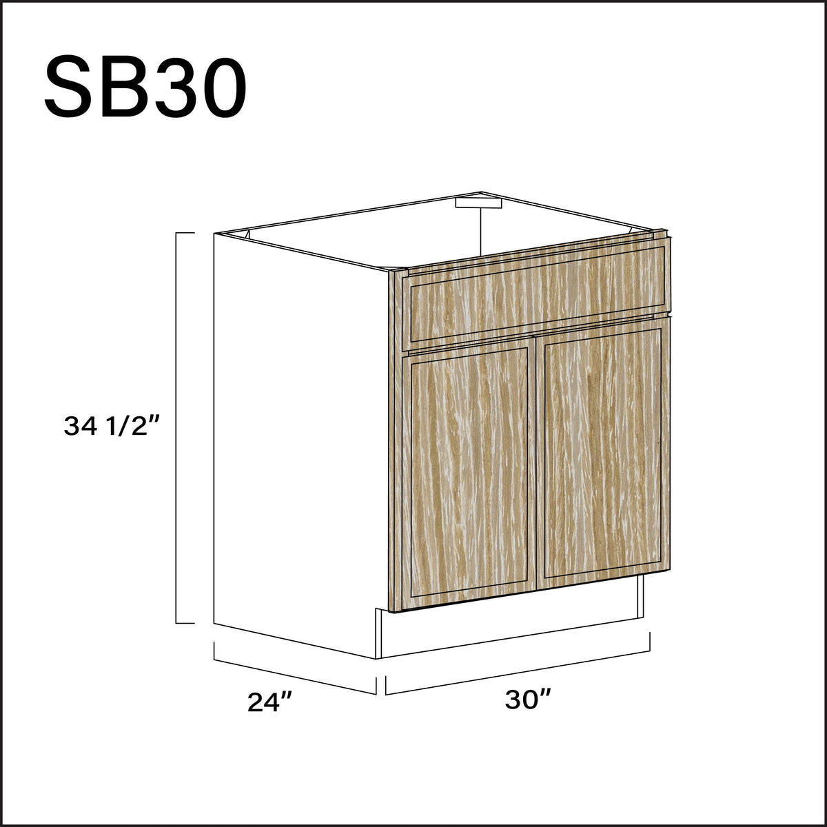 Oak Slim Shaker Sink Base Kitchen Cabinet - 30" W x 34.5" H x 24" D