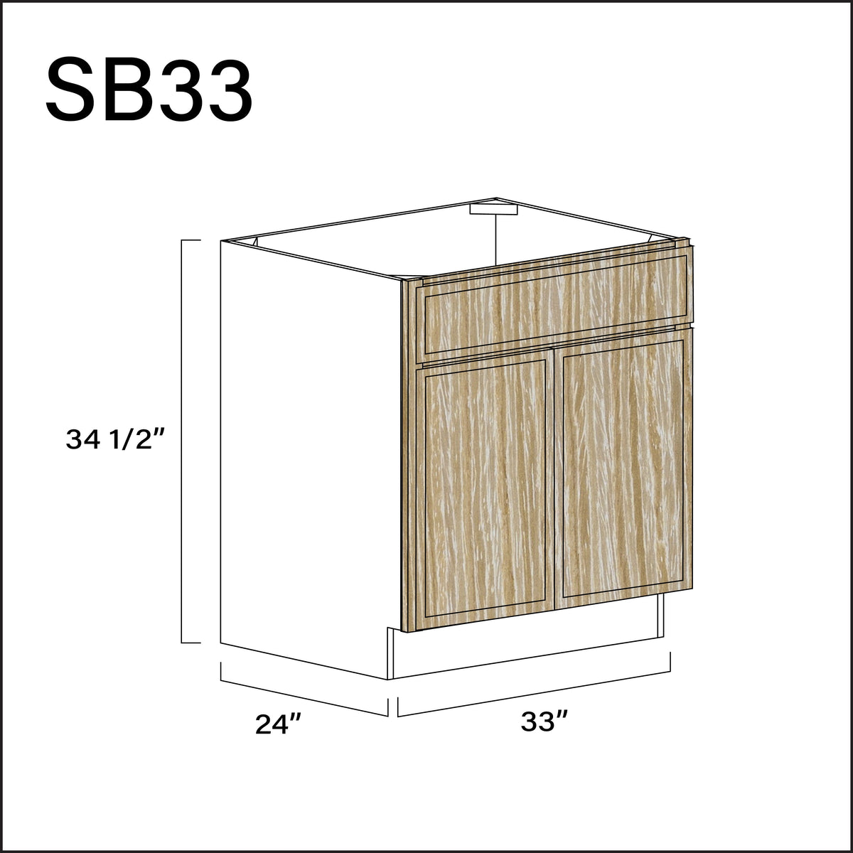 Oak Slim Shaker Sink Base Kitchen Cabinet - 33" W x 34.5" H x 24" D