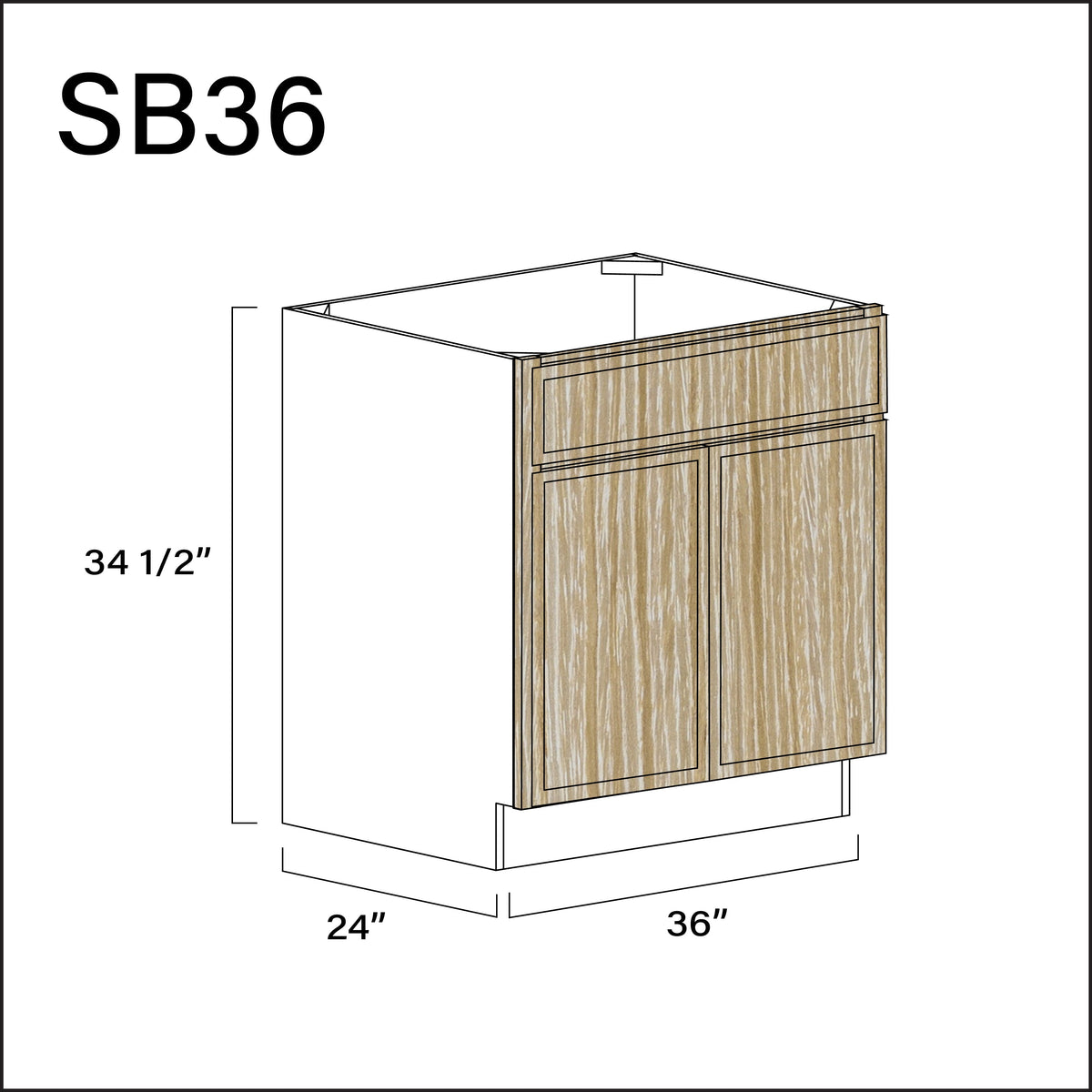 Oak Slim Shaker Sink Base Kitchen Cabinet - 36" W x 34.5" H x 24" D