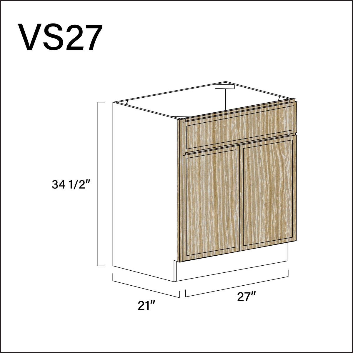 Oak Slim Shaker Vanity Sink Base Cabinet - 27" W x 34.5" H x 21" D
