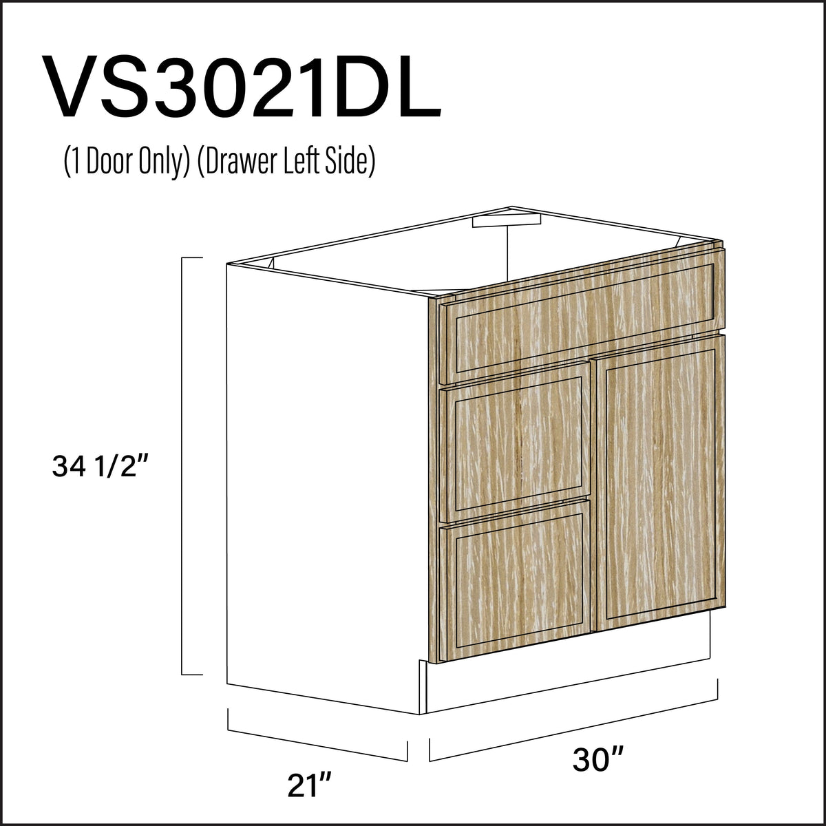 Oak Slim Shaker 2-Drawer Vanity (L) Base Cabinet - 30" W x 34.5" H x 21" D