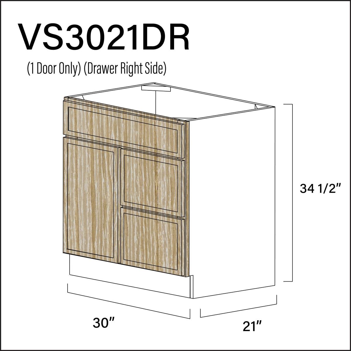 Oak Slim Shaker 2-Drawer Vanity (R) Base Cabinet - 30" W x 34.5" H x 21" D
