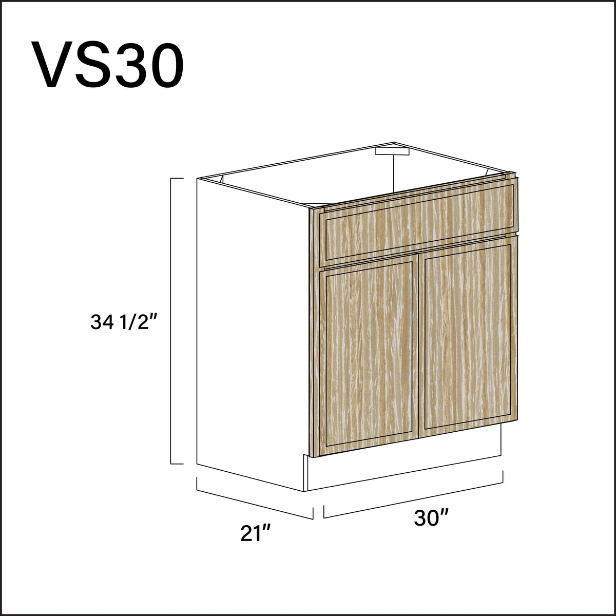 Oak Slim Shaker Vanity Sink Base Cabinet - 30" W x 34.5" H x 21" D