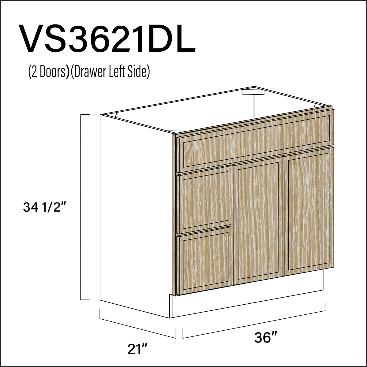 Oak Slim Shaker 2-Drawer Vanity (L) Base Cabinet - 36" W x 34.5" H x 21" D