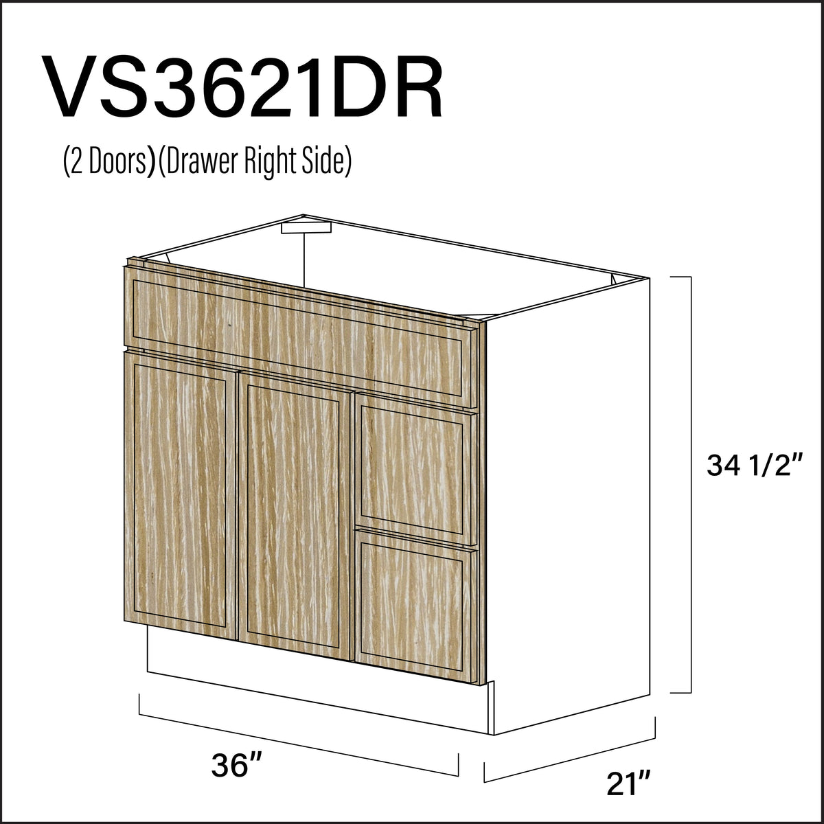 Oak Slim Shaker 2-Drawer Vanity (R) Base Cabinet - 36" W x 34.5" H x 21" D
