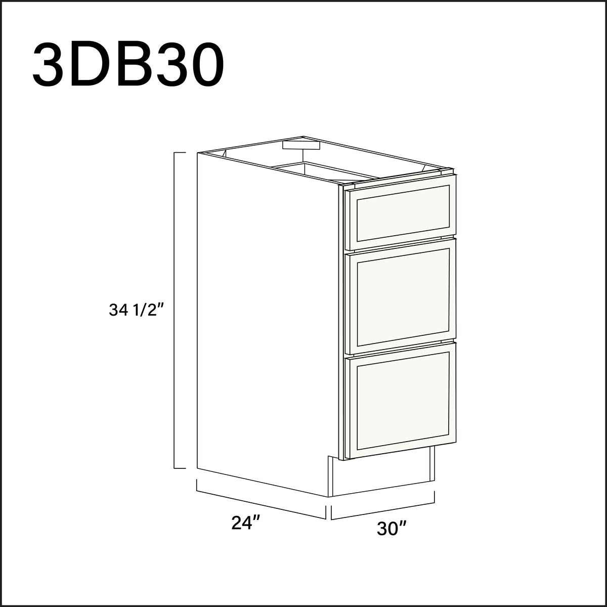 White Slim Shaker 3 Drawer Kitchen Base Cabinet - 30" W x 34.5" H x 24" D