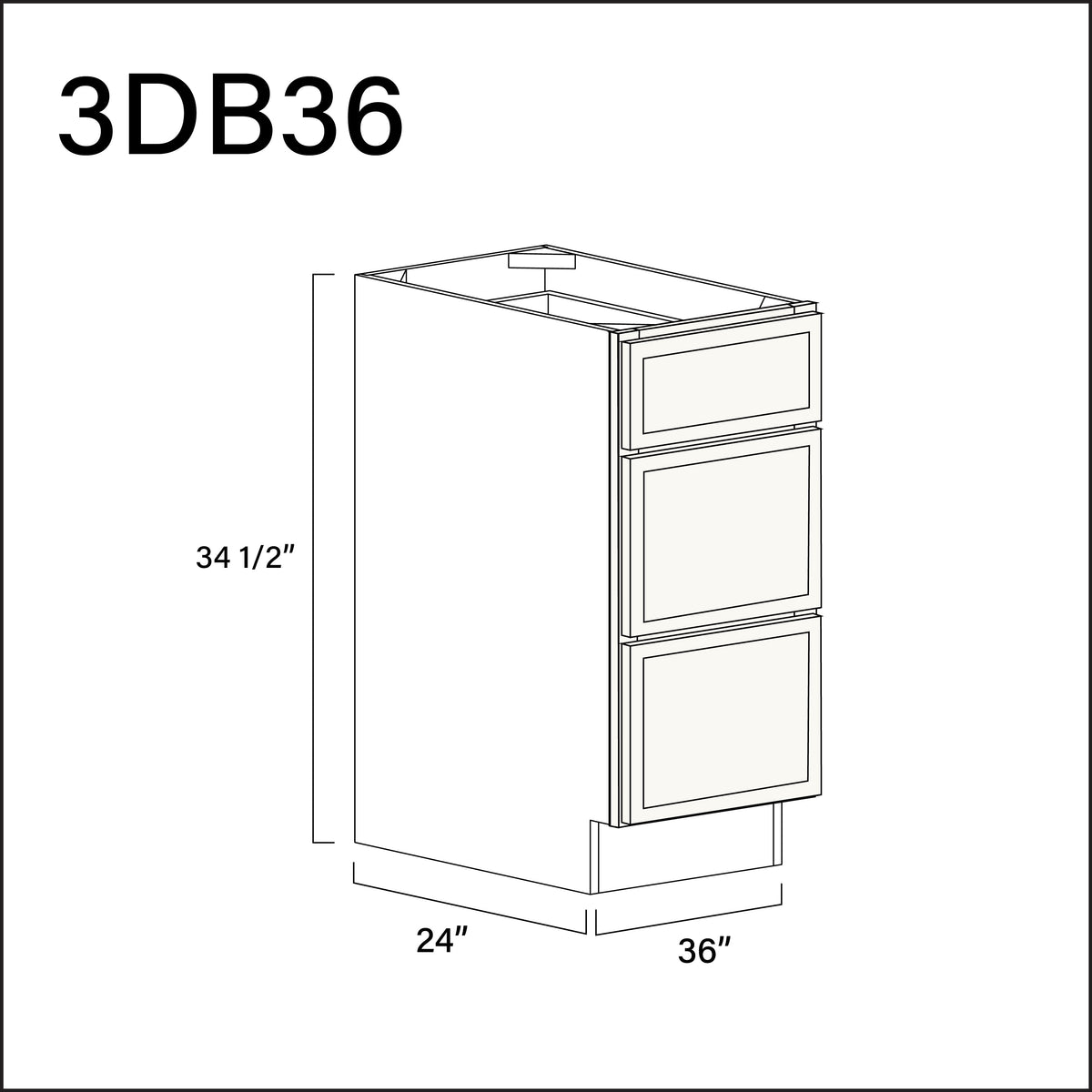 White Slim Shaker 3 Drawer Kitchen Base Cabinet - 36" W x 34.5" H x 24" D