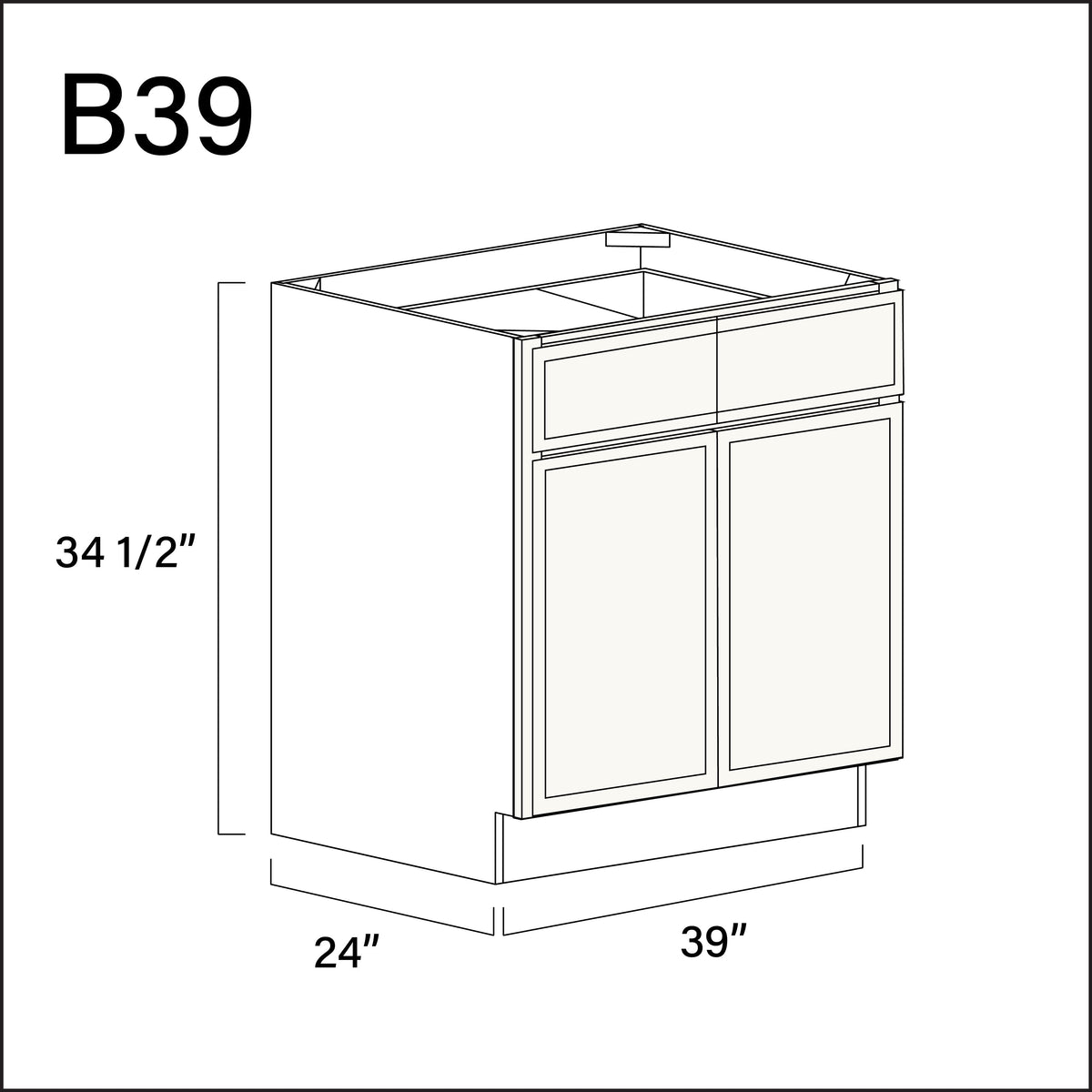 White Slim Shaker 2 Drawer 2 Door Kitchen Base Cabinet - 39" W x 34.5" H x 24" D