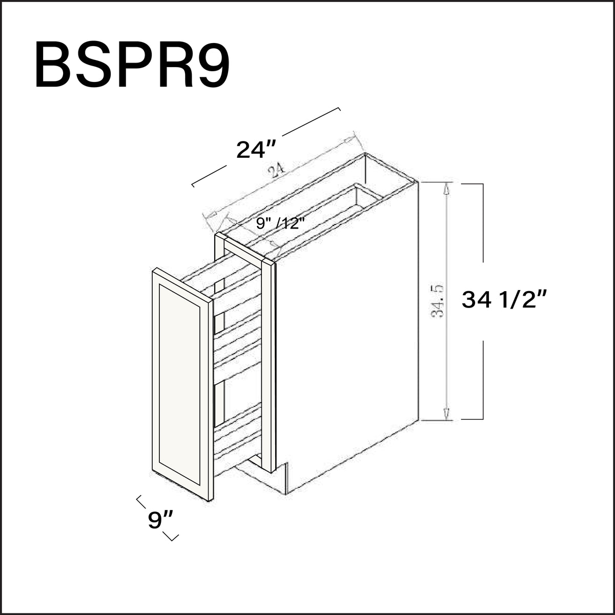 White Slim Shaker Base Spice Rack Cabinet - 9" W x 34.5" H x 24" D