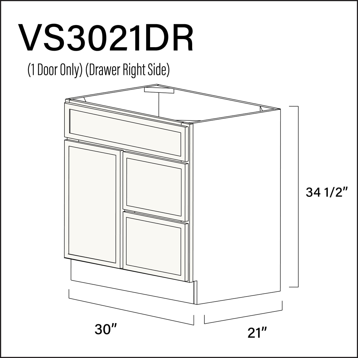 White Slim Shaker 2-Drawer Vanity (R) Base Cabinet - 30" W x 34.5" H x 21" D