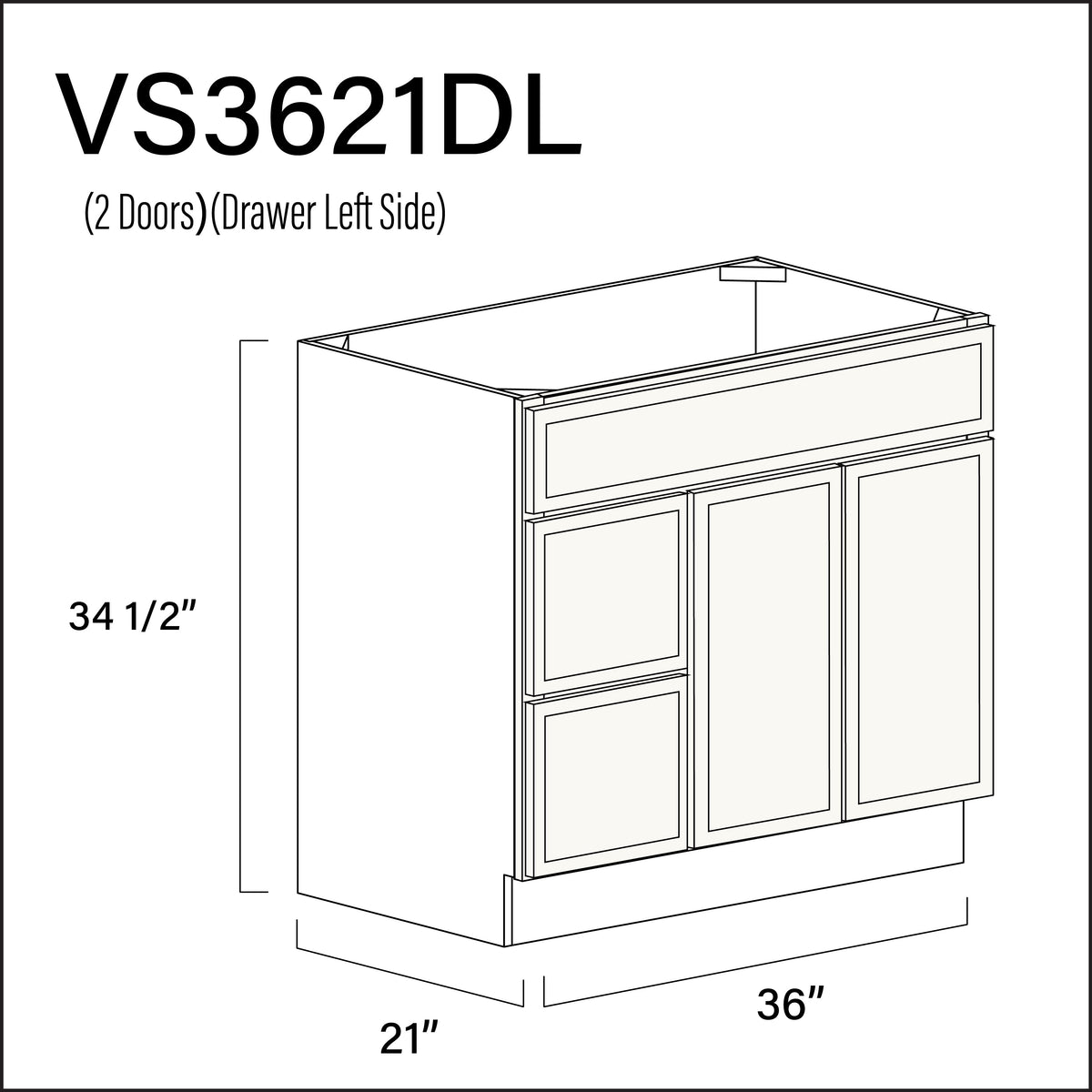 White Slim Shaker 2-Drawer Vanity (L) Base Cabinet - 36" W x 34.5" H x 21" D