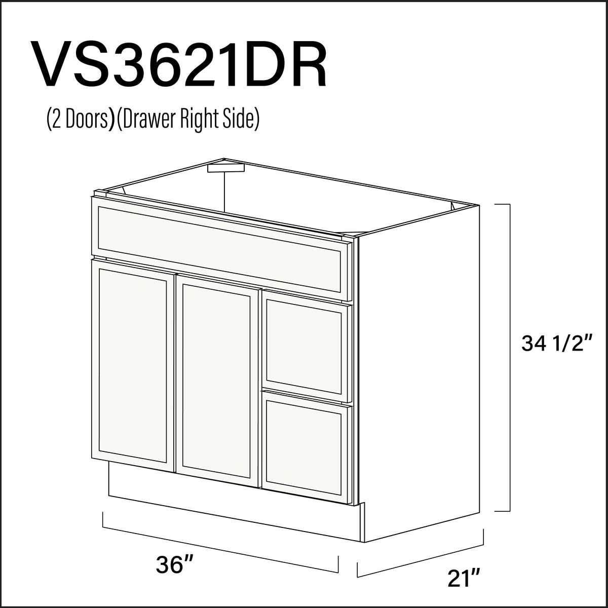 White Slim Shaker 2-Drawer Vanity (R) Base Cabinet - 36" W x 34.5" H x 21" D