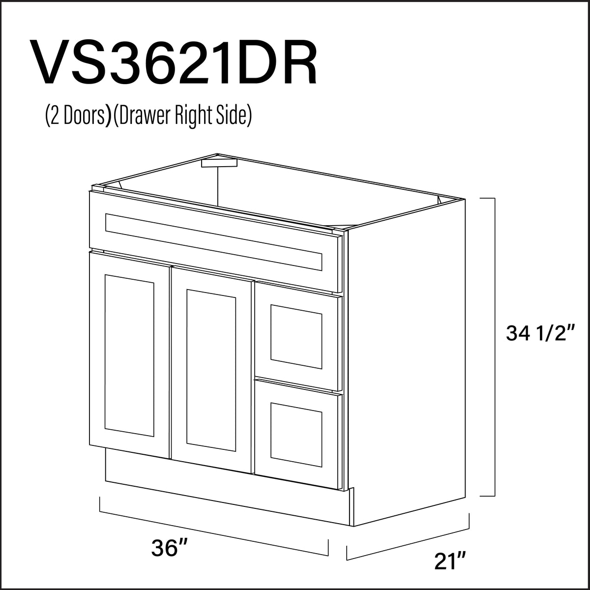 Revival White Antique 2-Drawer Vanity (R) Base Cabinet - 36" W x 34.5" H x 21" D