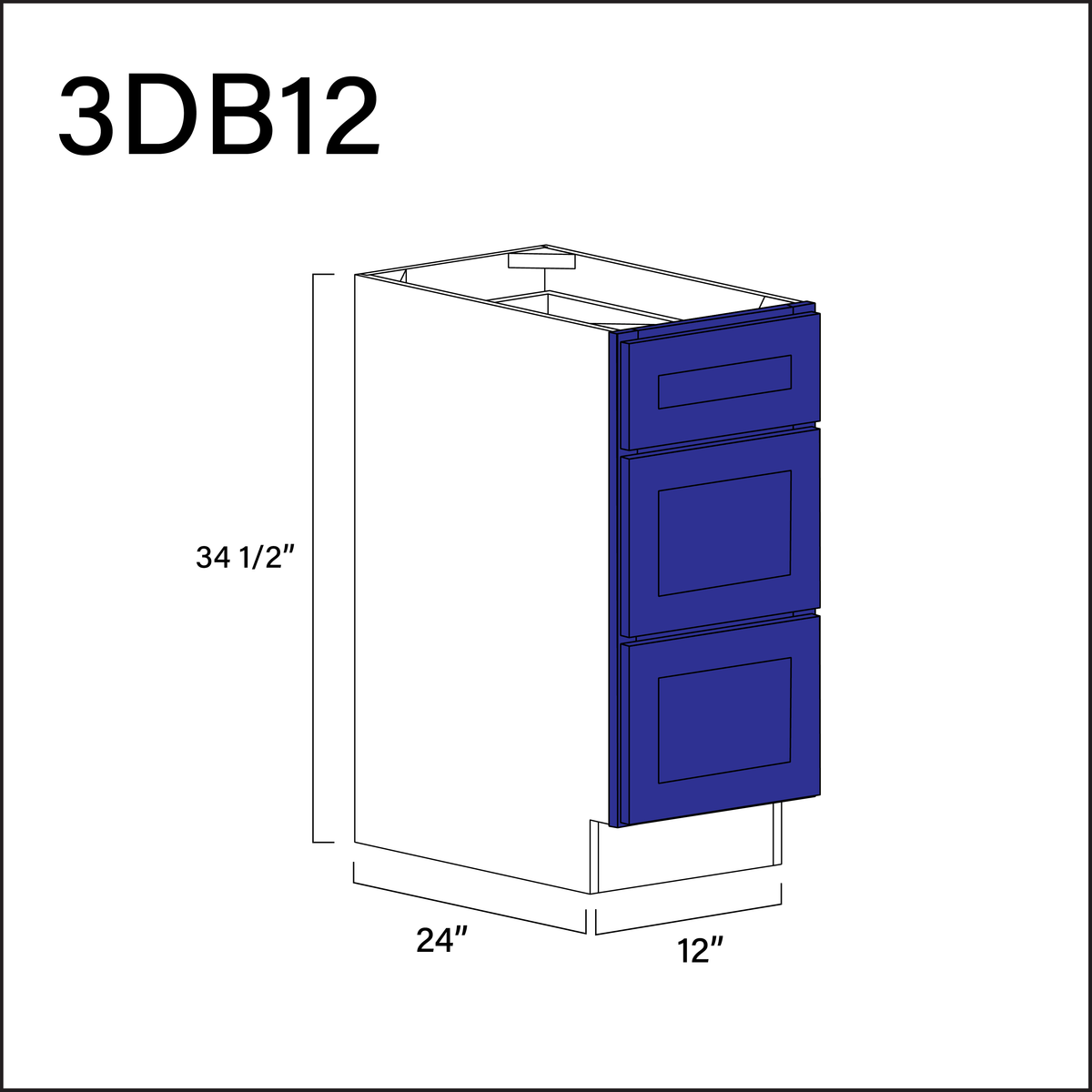 Royal Blue Shaker 3 Drawer Kitchen Base Cabinet - 12" W x 34.5" H x 24" D
