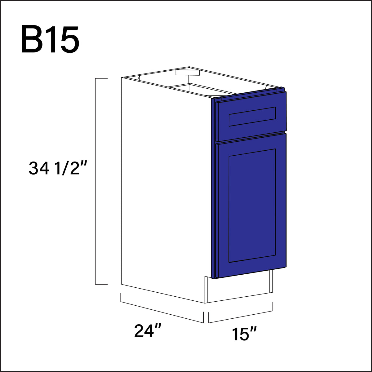 Royal Blue Shaker 1 Drawer 1 Door Kitchen Base Cabinet - 15" W x 34.5" H x 24" D