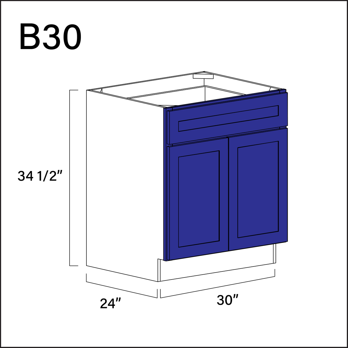 Royal Blue Shaker 1 Drawer 2 Door Kitchen Base Cabinet - 30" W x 34.5" H x 24" D