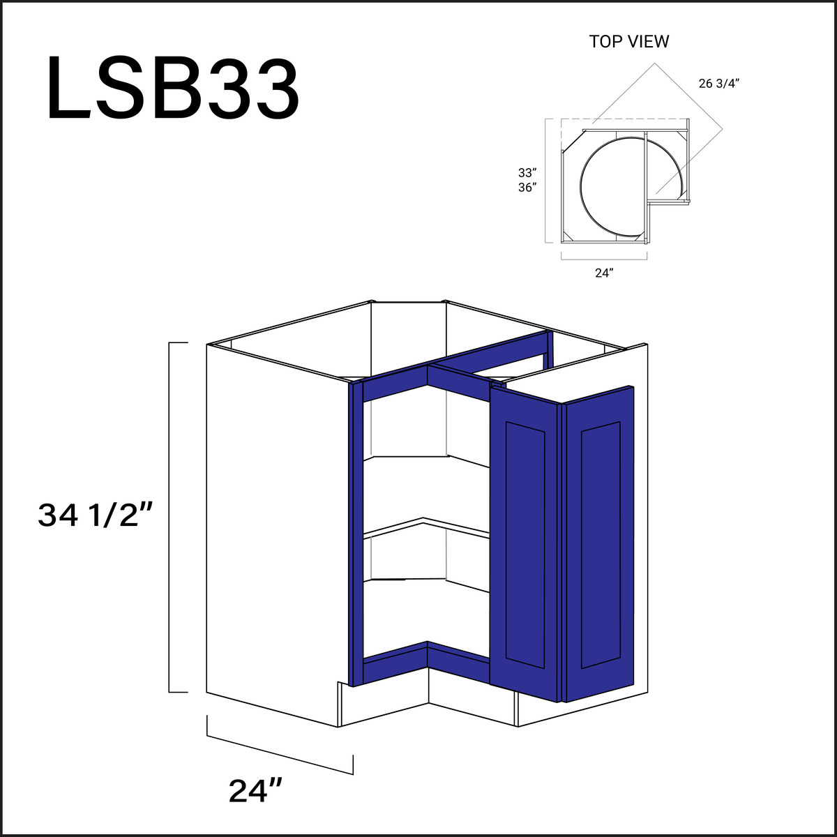 Royal Blue Shaker Lazy Susan Kitchen Cabinet - 33" W x 34.5" H x 24" D