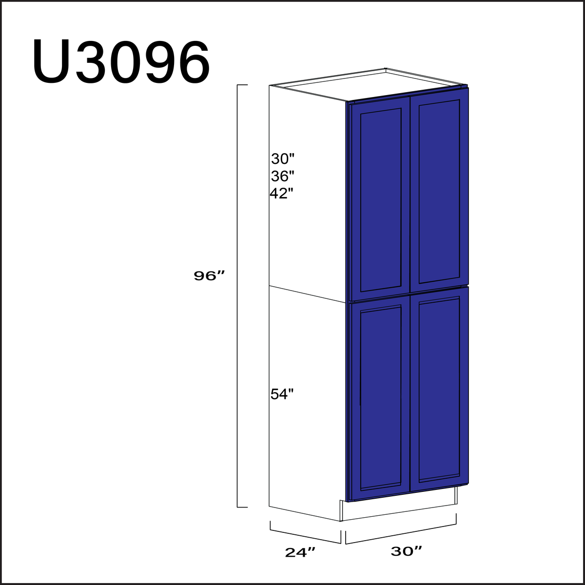 Royal Blue Shaker Double Door Pantry Cabinet - 30" W x 96" H x 24" D