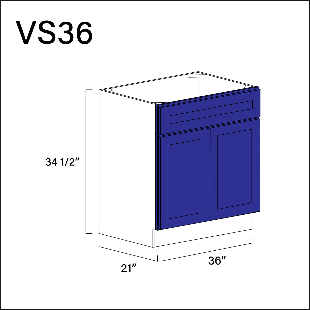 Royal Blue Shaker Vanity Sink Base Cabinet - 36" W x 34.5" H x 21" D