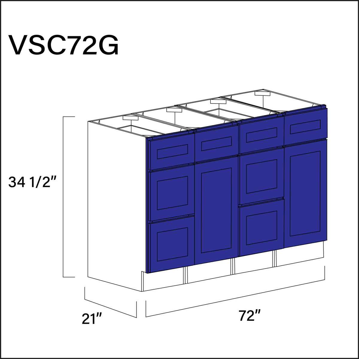Royal Blue Shaker Vanity Sink Combo G Cabinets - 72" W x 34.5" H x 21" D